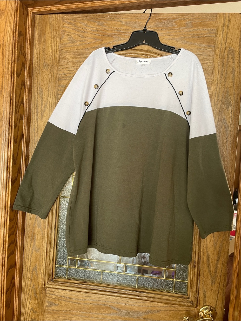 Colorblock Button-Accent White and Olive Green Pullover
